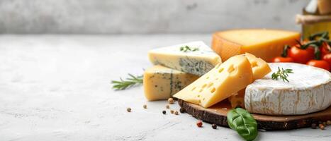 some different types of cheese and fruit on a wooden platter, photo