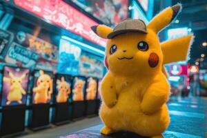 a yellow toy that is standing on many different crates, photo