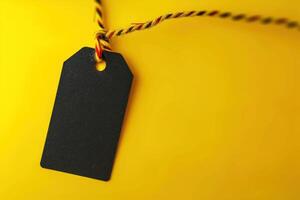 a black labels hanging from strings with different ropes, photo