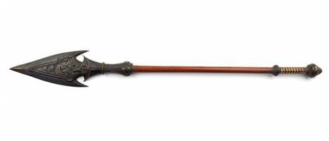 a very old antique ancient looking axe sitting on top of a wooden stick, photo
