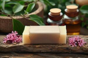 a white block with soap on top of a stone, photo