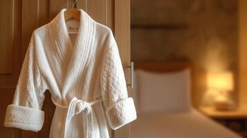 a bathrobe and a bed in a room, photo