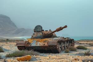 an old rusted out military tank in a desert, photo