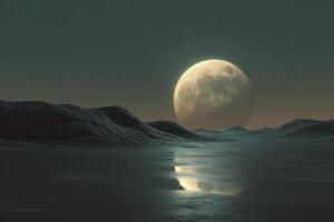 a computer generated image of the moonlight over a sea with mountains, photo
