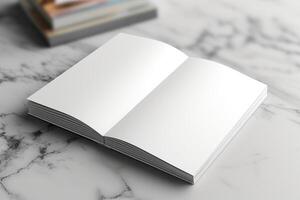 an open blank book on marble table top next to a stack of books, photo