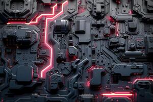 electronic devices with red glowing lines running from top to bottom, photo