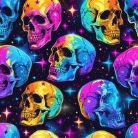 colorful skulls on a black background are depicted and appear to be a galaxy, photo