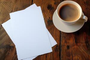 a white cup and saucer on top of wooden table, photo