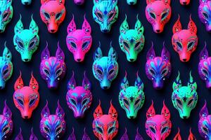 several colorful horned animal masks sit against a blank black background, photo
