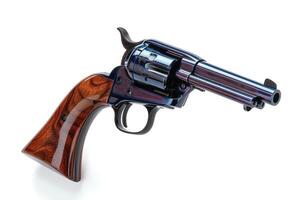 closeup of revolver with wooden sights on white background, photo