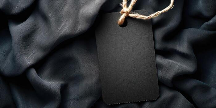 there is a tag hanging on some black fabric, photo