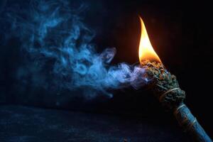 the candle is burning in the smoke with blue flames, photo