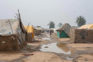 a dirty mudless area with tents and people in the distance, photo