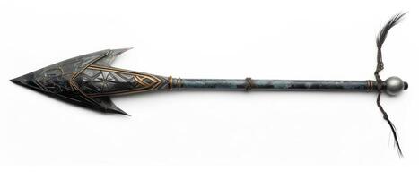 an old weapon is pictured with two feathers laying on it, photo