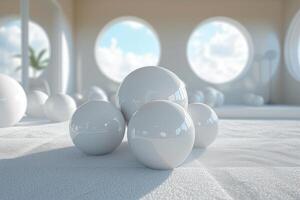 white glass balls are arranged on the floor of a room, photo