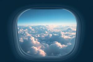 view out an airplane window the sky is very blue, photo