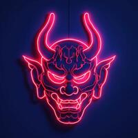 a red neon devil mask in an art - craft setting, photo