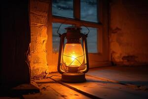 an illuminated lantern in front a window, shining from behind, photo