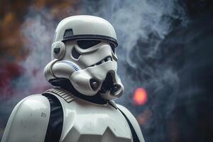 smoke billows from a toy soldier helmet against a dark background, photo