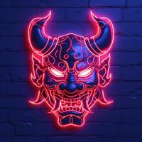 the neon mask on the wall also represents, photo