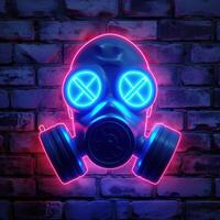 a gas mask with two neon lights in front of a brick wall, photo