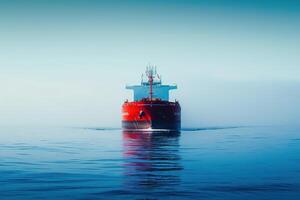 large red ship floating in calm ocean waters, photo