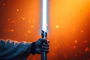 a man holding a light saber with a yellow background, photo
