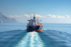 an tanker ship moves in the water alone, photo