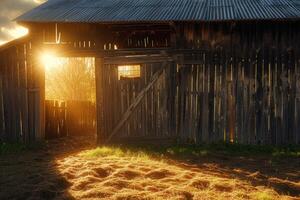 the sun peeking through an open doorway on a barn, photo