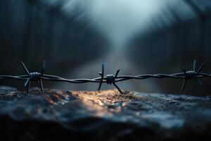 a closeup shot of barbed fence posts and dirt, photo