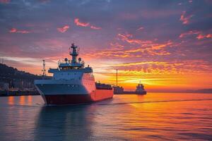 some large boats in the ocean at sunset, photo