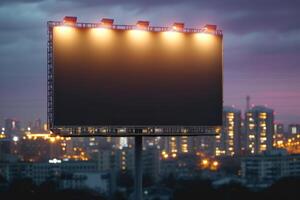 a billboard with six square lights is silhouetted against a background of the city, photo