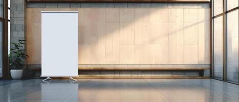 a white blank rollup stands near tall windows, photo
