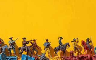many toy soldiers on a yellow surface with colorful colors, photo