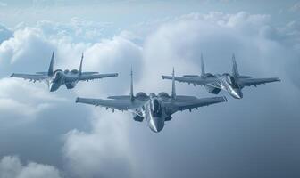 fighter jets fly through the sky in formation, photo