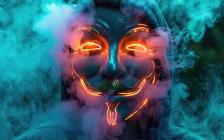 man in neon mask hiding behind a cloud, with smoke billowing from his face, photo