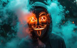 a guy wearing an anonymous man's mask in front of fire, photo