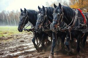 four large black horses with red harnesses are tied to towers, photo