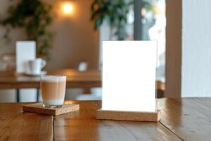 a coffee cup sitting on top of a wood table next to an easer, photo