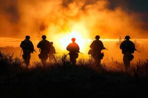 armed people in silhouette holding weapons watching the sun setting, photo