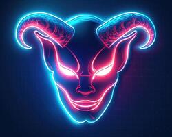 the neon glowing head of a neon ram, with an ugly face and long horns, photo