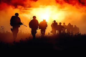 soldiers walking towards the sunset during a military exercise, photo