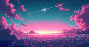 a sunset, sky and stars above clouds, photo
