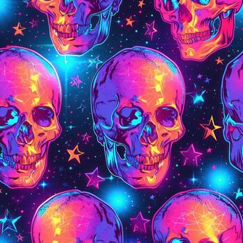 multiple neon skull heads in different colors with stars, photo