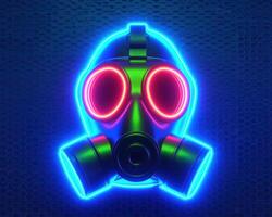 a gas mask with neon lights that glow in an all black background, photo