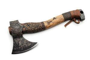 an ancient - looking axe laying on its side with leathers, photo