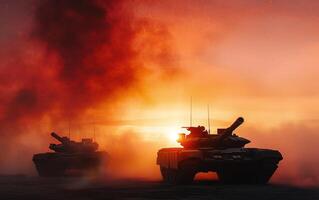 two tanks are sitting in the dirt with red smoke coming from them, photo