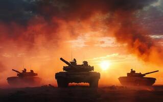 tanks are silhouetted against the rising sun and sky, photo