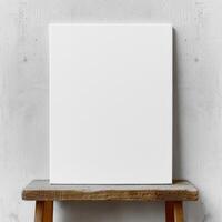 a blank canvas sitting on a wooden table, photo
