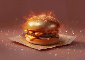 a burger surrounded by fire on brown paper, photo